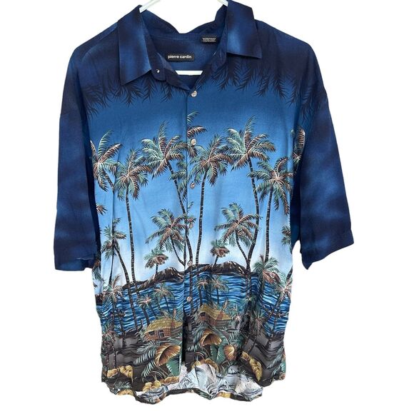 Pierre Cardin Hawaiian Shirt Mens Extra Large Blue Rayon Tropical Palm Tree Camp - Picture 1 of 11